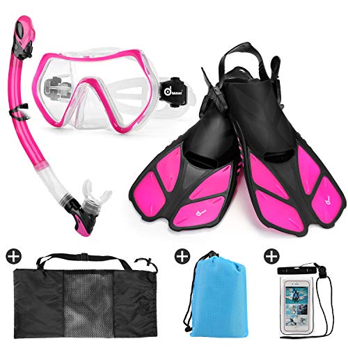 Odoland Juego de esnórquel 6 en 1 máscara de Buceo, Tubo respirador con la Parte Superior Seca, Aletas, Bolsa de Malla, Estuche Impermeable y Manta de Playa, Rosa, Aletas-L(42-47)