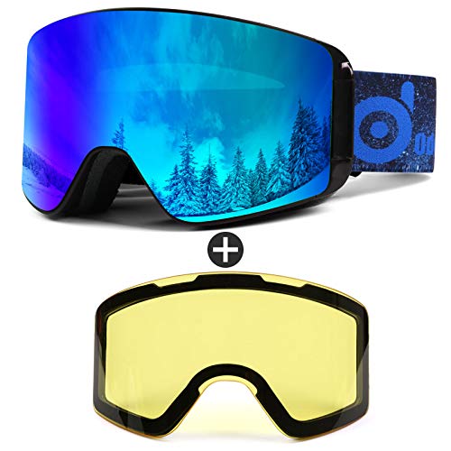 Odoland Kit de Gafas de Esquí con Lente Removible, Lentes Magnéticos Intercambiables sin Marco, Gafas de Nieve Antivaho con Protección 100% UV, Negro Azul VLT 15% y Amarillo VLT 83%