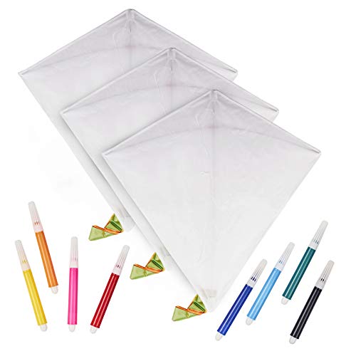 Paquete de 3 Diseñe su propio kit de Cometas - Cometas con forma de diamante blanco y 7 juegos de bolígrafos de acuarela - Artes y manualidades para colorear ideales para niños