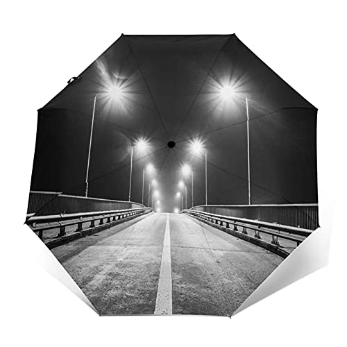 Paraguas Plegable Automático Impermeable Carrera de autopista vacía por la Noche, Paraguas De Viaje Compacto a Prueba De Viento, Folding Umbrella, Dosel Reforzado, Mango Ergonómico