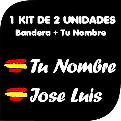 Pegatina Vinilo Bandera España + tu Nombre - Bici, Casco, Pala De Padel, Monopatín, Coche, Moto, etc. Kit de Dos Vinilos (Blanco)