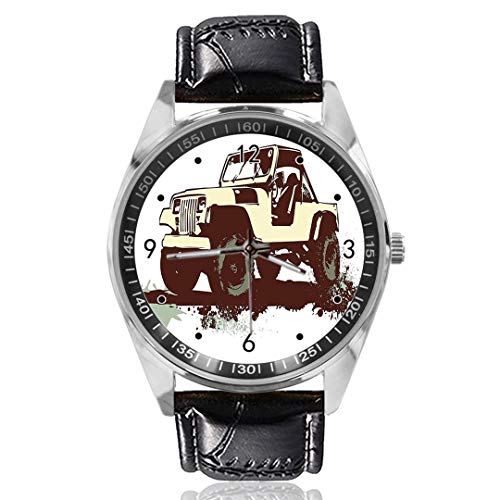 Reloj analógico de Cuarzo con diseño Personalizado para Jeep de Coche, Esfera Plateada, Correa de Piel clásica, para Hombre y Mujer