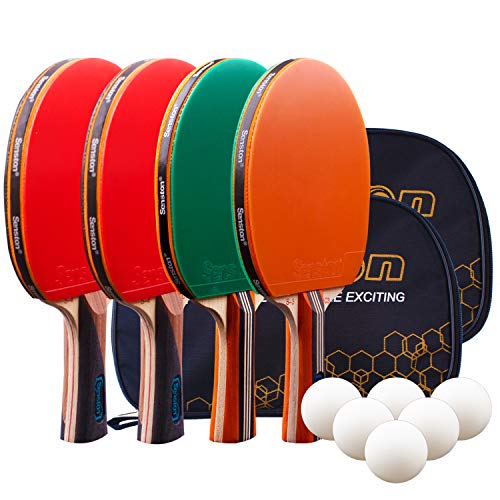 Senston Palas Ping Pong, Pelotas Ping Pong Set, 4 Raquetas de Tenis de Mesa + 6 Pelotas + 2 Bolsa,el Entrenamiento/Kit de Raqueta recreativa
