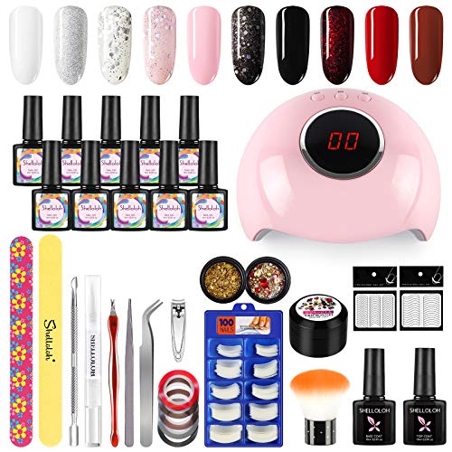 SHELLOLOH 24W U-V/LED Gel Uñas Curado Luz Máquina Kit Uñas de Gel 10pcs Pintauñas Esmalte Semipermanente Soak off 10ml Base Coat Top Coat Manicura Pedicura Kit