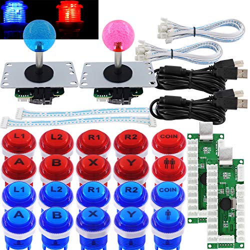 SJ@JX Arcade 2 Player Game Controller Stick DIY Kit LED Buttons with Logo MX Microswitch 8 Way Joystick USB Encoder Cable for PC MAME Raspberry Pi Red Blue