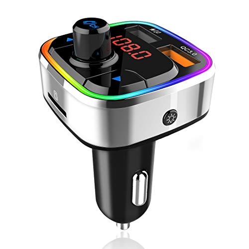 Transmisor FM Coche Bluetooth 5.0, Adaptador Audio Coche Radio Transmisor FM para Kit Manos Libres Coche con Cargador USB Coche QC3.0 & 5V/2.4A, 6 Colores Luz,Reproductor Música MP3 con Tarjeta TF/USB