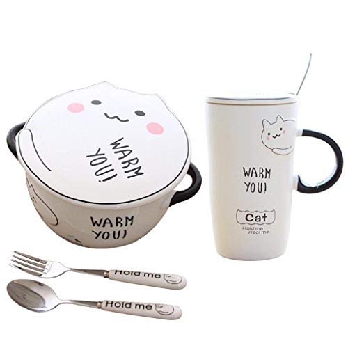 XXJ-Tazones Tazones de Fideos Estilo japonés Kawaii Dibujos Animados Animales Tazas de café con Cuchara Cat Tazas de cerámica Tazones con Tenedor Taza de té Vajilla Juego de Regalo