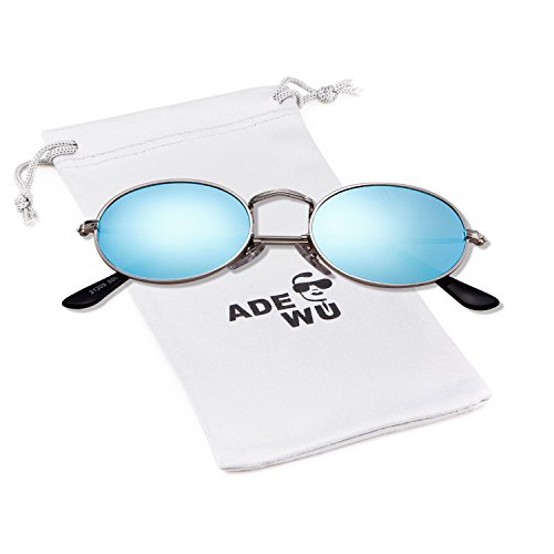 ADEWU Gafas de sol para mujer, gafas ovaladas pequeñas Gafas vintage redondas con borde de metal fino (New - Silver(frame)+Blue(lens))