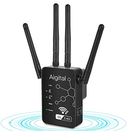 Aigital 1200Mbps Repetidor de Red WiFi Extensor Señal Amplificador Enrutador Inalámbrico Doble Banda 2.4GHz & 5G, WiFi Booster con 4 Antenas Externas en Largo Alcance