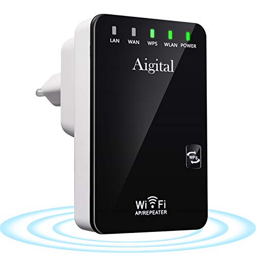 Aigital Repetidor de Red WiFi, Amplificador Señal de WiFi 300Mbps/2.4 GHz Extensor de Red WiFi Enrutador Inalámbrico con Largo Alcance Modo Punto de Acceso/Repeater/Router, 2 Puerto LAN/WAN, WPS