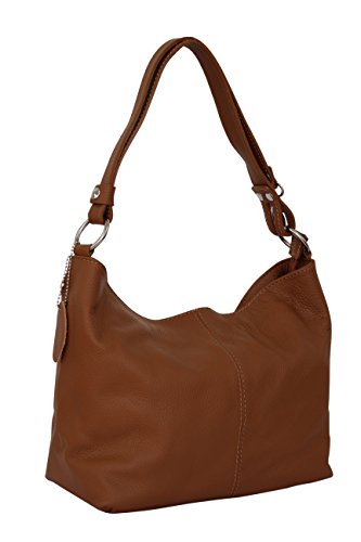 AMBRA Moda Hobo bag GL005 - Bolso de mujer de cuero, bolso de mano y bandolera, color Marrón, talla Medium
