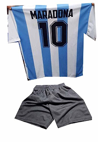 C2 - Conjunto de camiseta y pantalones cortos negros con diseño de Argentina con autógrafo, estampado de recuerdo de Maradona, todas las tallas, incluye llavero Blanco celeste. Small
