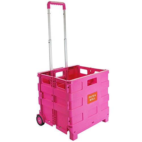 Carrito de compras plegable de plástico – Carro de libros para profesores – Caja de almacenamiento plegable con ruedas con mango de aluminio, rosa (Rosa) - L-144