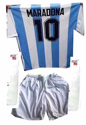 Conjunto C3 de camiseta con pantalones cortos y medias blancas de Argentina con autógrafo, estampado de recuerdo maradona, todas las tallas, camiseta de regalo y llavero Bianco Celeste Small
