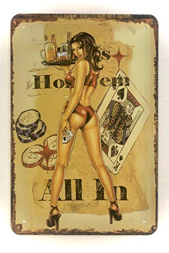 DiiliHiiri Cartel de Chapa Vintage Decoración, Letrero A4 Estilo Antiguo de metálico Retro. (Texas Hold'em All In)