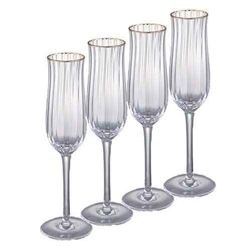 DONGTAISHANGCHENG Golden Rim Tulip Champagne Flautes, Vidrio Elegante y Copa, 3.95 onzas de 4 Piezas, adecuadas para el Aniversario de Boda.