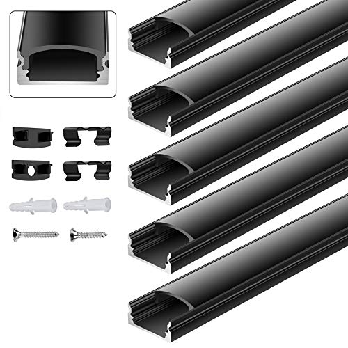everfarel Perfil de aluminio en forma de U, 5 x 1 m, color negro, ancho de corte con el clip de fijación de la tapa para tiras LED de hasta 12 mm