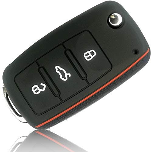 FoilsAndMore Funda Compatible con VW Skoda Seat Llave de Coche con 3 Botones - Silicona Cubierta Protectora Cover Caso Clave in Negro Rojo