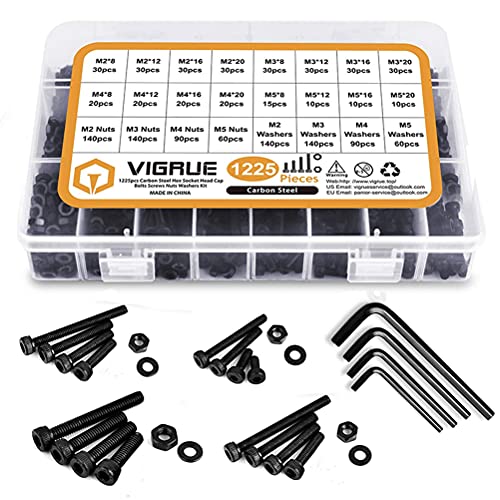 IWILCS 1225 tornillos de cabeza hexagonal M2, M3, M4, M5, juego de tornillos de cabeza plana hexagonal, tuercas y arandelas con tuercas, arandelas y llaves Allen de acero inoxidable negro