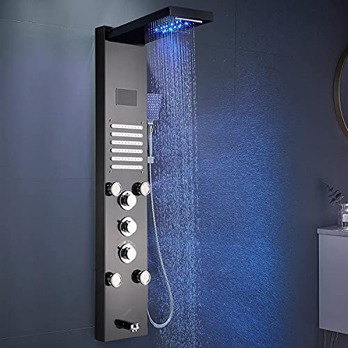 Jullybathevy - Panel de ducha de acero inoxidable 304, con chorros de masaje y alcachofa de mano, sistema de ducha con cuatro ducha y pantalla LED, indicador de temperatura del agua, color negro