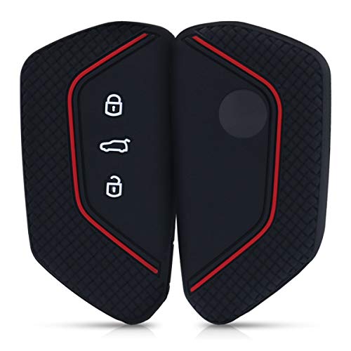 kwmobile Funda de Silicona Compatible con VW Golf 8 Llave de Coche de 3 Botones - Carcasa Suave de Silicona - Case Mando de Auto Negro/Rojo