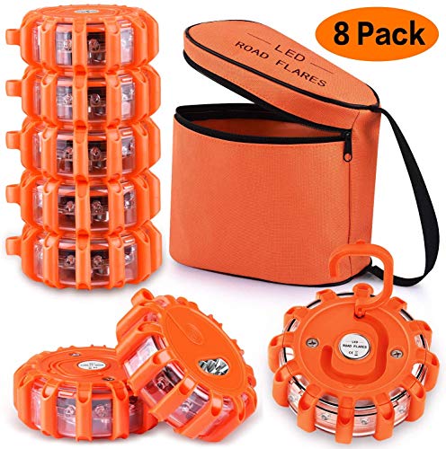 LED Road Flares Emergency Lights Roadside Safety Beacon Disc Flashing Warning Flare Kit with Magnetic Base & Hook for Car Truck Boats 9 Flash Modes (8 Pack)