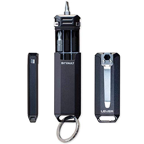 Lever Gear BitVault - Llavero con funda de transporte y destornillador compacto EDC – clips de cápsulas impermeables para llavero, cinturón o bolsillos, color negro