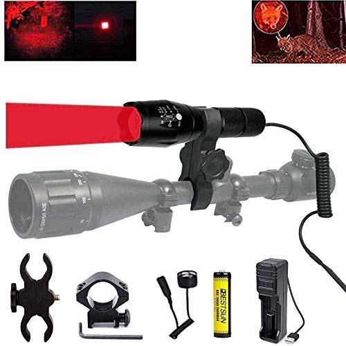 Linterna de caza roja, 350 yardas Luz de depredador roja Zoomable Tactical Hunting Linterna LED Coyote Varmint Hunt con interruptor de presión, soportes de riel y alcance, batería y cargador