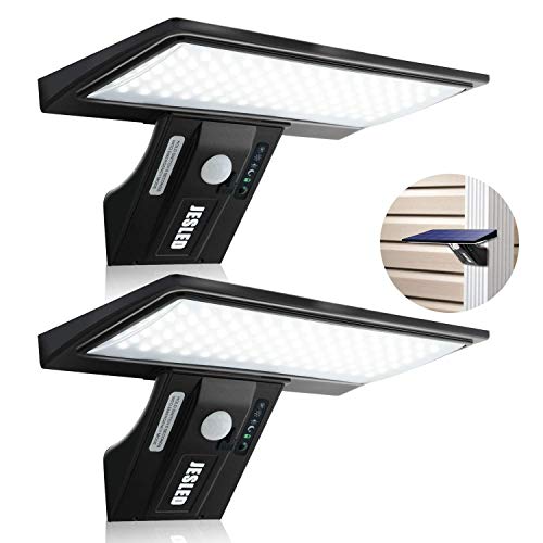 Luz Solar Exterior, 2-Paquete JESLED 90 LED Carga solar y USB, Foco Solar Potente con Sensor de Movimiento,Impermeable con 4 Modos Inteligentes para Jardín, Patio, Camino, Escalera.