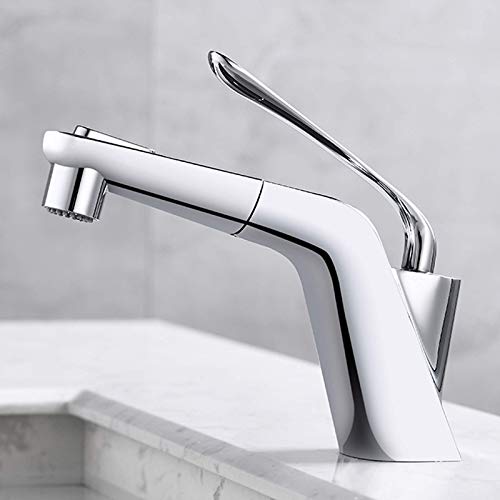 NMDCDH Sink Mixer Tap with Pull Down Sprayer Bathroom Sink Taps Hot and Cold, Single Lever Sink Tap Brass Basin Mixer Tap Chrome Plated, for Kitchen and Washbasin