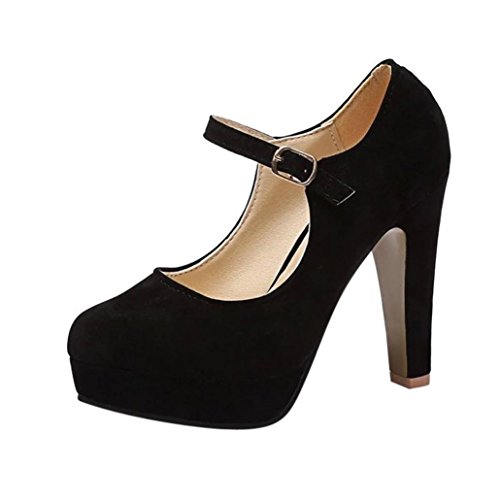 ¡Oferta de liquidación de Covermason! Zapatos de tacón cuadrado de moda para mujer Zapatos de tacón alto bajo flock(35 EU, Negro)