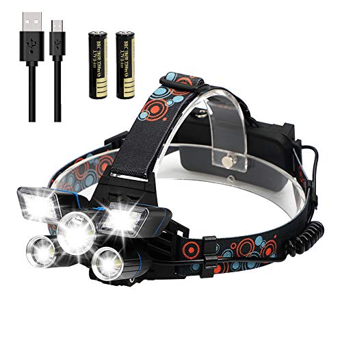 POWERGIANT Linterna Frontal LED Recargable, Alta Potencia Lámpara de Cabeza USB 9 Modos de Luz 5, IPX4 Impermeable para Ciclismo, Senderismo, Camping, Correr, Pesca