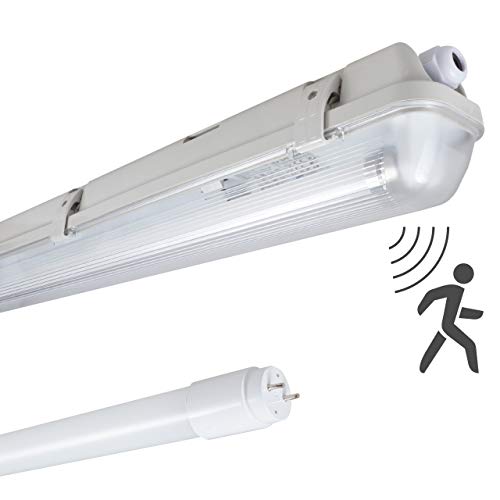 proventa® Pantalla estanca con sensor movimiento HF y tubo LED 120 cm, 14W, 2.100 lm, 4.000 K, IP65, 50.000 h, policarbonato IK08, libre de parpadeo, factor de potencia >0,9