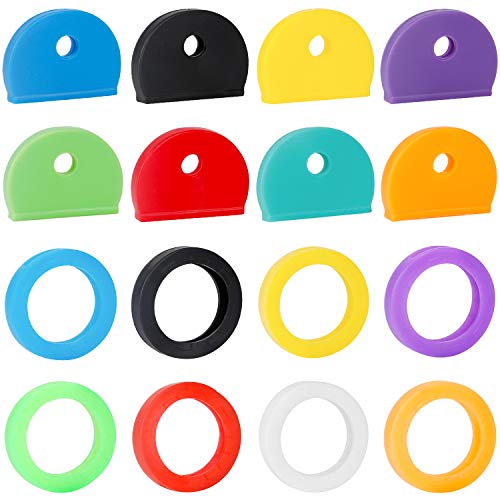 Uniclife - Juego de 16 tapas para llaves, etiquetas, anillos de codificación de identificación de llave de plástico en 8 colores surtidos, 2 estilos