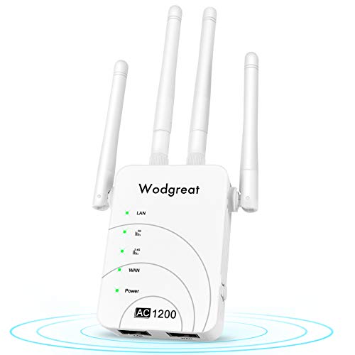 Wodgreat Repetidor WiFi, 1200Mbps Amplificador Señal WiFi Largo Alcance WiFi Extensor 5G y 2,4G, Amplía Cobertura Inalámbrica, Access Point/Repetidor/Router 2 Puertos Ethernet, Fácil de configurar