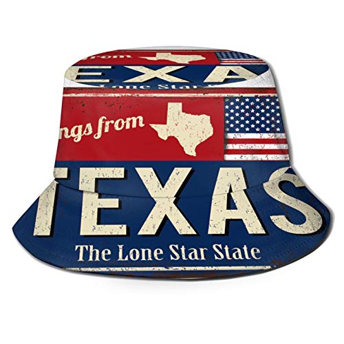 Yoliveya Sombrero de Pesca,Saludos Desde Texas Letrero de Metal Oxidado con Bandera Americana,Senderismo para Hombres y Mujeres al Aire Libre Sombrero de Cubo Sombrero para el Sol