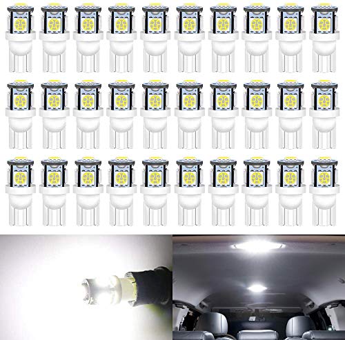 ALOPEE - Paquete de 30 - Blanco 194 T10 168 2825 W5W 175 158 Bombilla 5050 5 SMD Luz LED, 12V Iluminación interior del coche Para Luz del Mapa Hazme Bombillas de Salpicadero Luces de matrícula Laterales