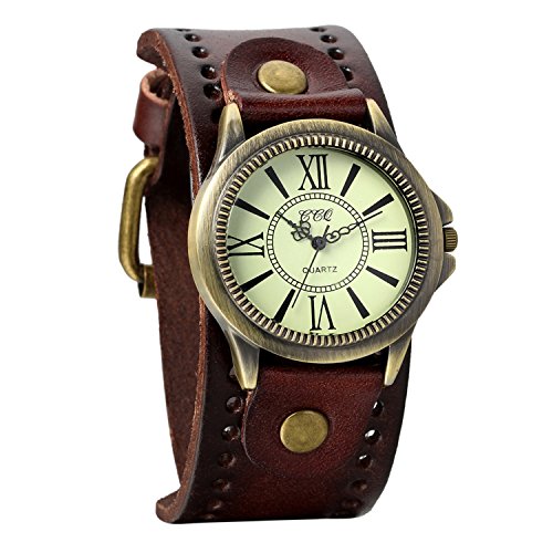 Avaner Reloj de Moda Retro Vintage de Cuero Marron, Números Romanos Reloj de Pulsera Ajustable con Hebilla, Bronce Reloj Analogico para Hombre Mujer, Regalo de San Valentín