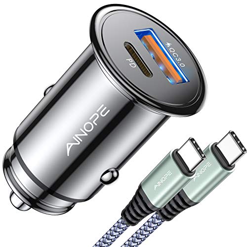 Cargador de coche USB C AINOPE, 36W/6A 2 puertos Mini USB con PD3.0, adaptador de coche de metal con carga rápida 3.0 carga rápida para iPhone 12/12 Pro/11/11 Pro/XR/XS/X/8/8 P,Samsung S10/S10/S9,iPad