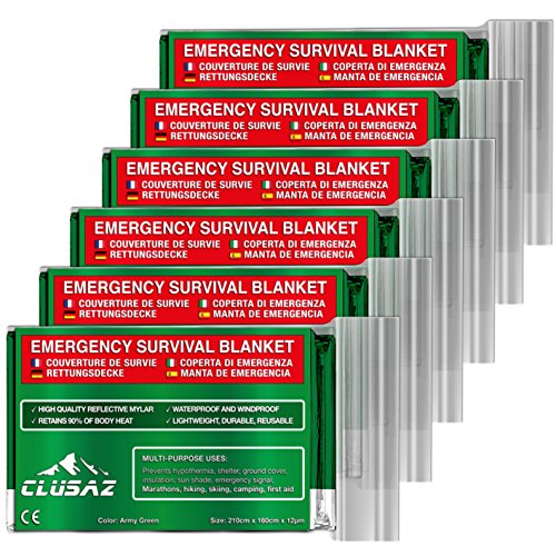 CLUSAZ Manta de Emergencia Aceituna XL 210x160cm (Paquete de 6) Retiene hasta el 90% del Calor, Impermeable, Esquí, Maratón, Senderismo, Campamento, Primeros Auxilios, Seguridad Vial - GARANTÍA
