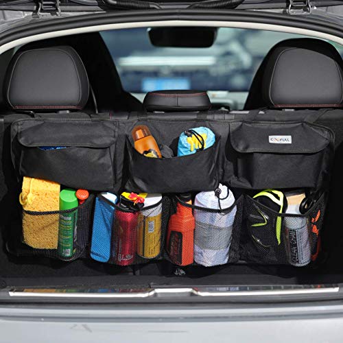 COOFULL Organizador de maletero de coche – Bolsa de gran capacidad para colgar el coche con 7 bolsillos ampliados, 2 palos mágicos largos, bolsa de almacenamiento para maletero de coche, color negro