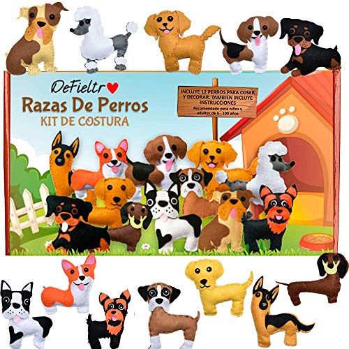 DeFieltro Razas De Perros - Kit Costura Niños y Adultos para Hacer Manualidades Infantiles – Set de Costura Niñas para Aprender a Coser – Juego Maletin Costura Infantil