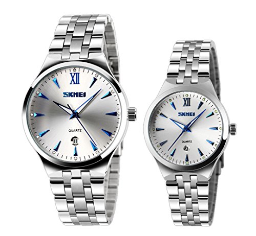 El reloj de pulsera de cuarzo único de las mujeres con marcadores luminosos azules hombres frescos y fecha reloj de los pares (juego de 2)