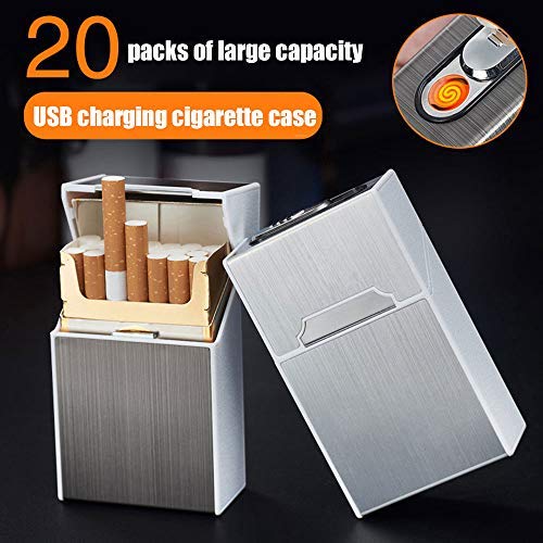 Estuche para Cigarrillos con Encendedor, Paquete Completo de 20 Cigarrillos Regulares de Metal con Encendedor de Cigarrillos Recargable por USB, sin Llama, Resistente al Viento
