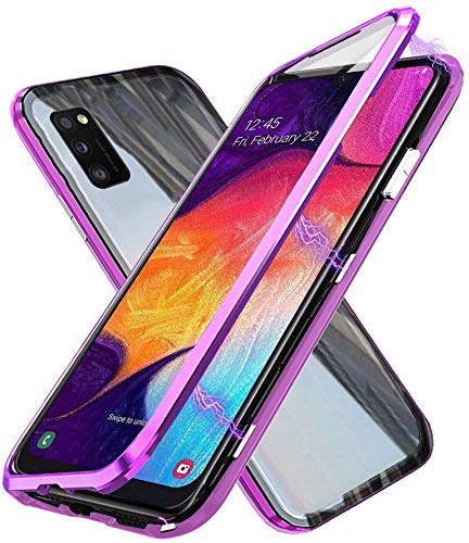 Funda para Samsung Galaxy A41, Adsorción Magnética Cubierta Vidrio Templado Frontal y Posterior Flip Case Marco Metal Bumper Funda Anti Choque Protección 360 Grados Carcasa, Púrpura