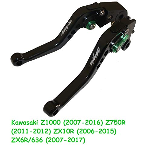 Juego manetas palancas de embrague y de freno regulable con logo compatible para Kawasaki Z1000 (2007-2016) Z750R (2011-2012) ZX10R (2006-2015) ZX6R/636 (2007-2017) (Corto)