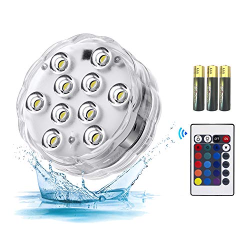 Lote de 10 lámparas sumergibles para piscina, LED RGB, control remoto IR, con batería impermeable incluida, ideal como luces de fiesta, bañera de hidromasaje, para Navidad, o Halloween, blanco