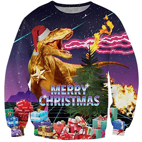 Loveternal Unisexo Dinosaurio Jersey de Navideño Feo 3D Ugly Christmas Sweater Manga Larga Dinosaur Xmas Pullover L
