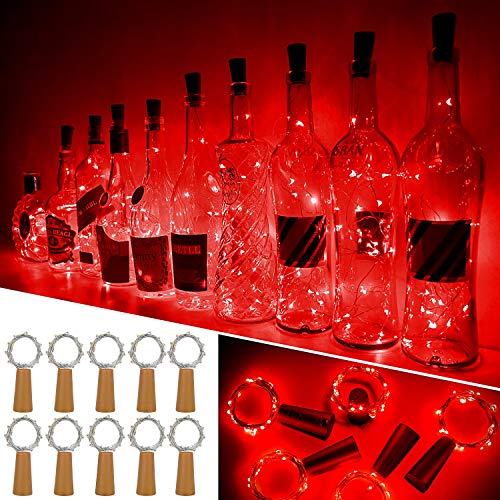 Luces Para Botellas, Ariceleo 10 Piezas 2 Metros 20 LED Cobre Alambre Luces Led para Botellas con Pilas, Corcho Lamparas Cadena Luz de Botella Decorativas Para Fiesta Boda Navidad DIY (Rojo)