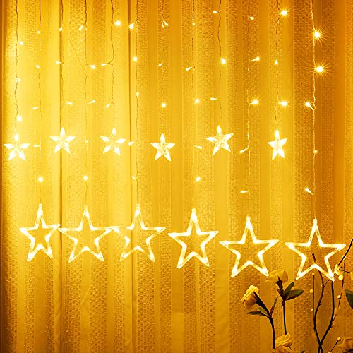 Luz de Estrellas, Yizhet 2.5m Luces de Estrellas LED 12 Estrellas 138 Leds Luz Estrellas 2 Modos Luces de Cortina de Estrella para Ramadan,Decoración de Navidad, Festival,Fiestas,Jardín(Blanco Cálido)